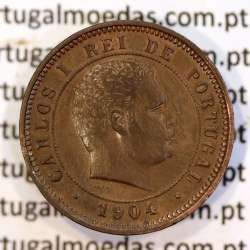 5 reis 1904 bronze D. Carlos I, variant with numbers "1+9+0" retouched in the coin matrix, World Coins Portugal KM 530