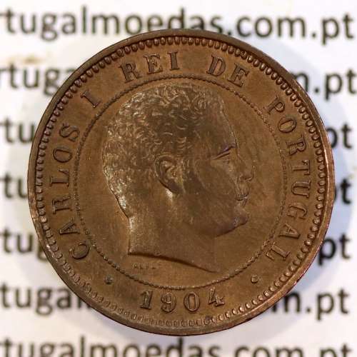 5 réis 1904 bronze D. Carlos I, variante com algarismos "1+9+0" retocados no cunho, (MBC+), World Coins Portugal KM 530