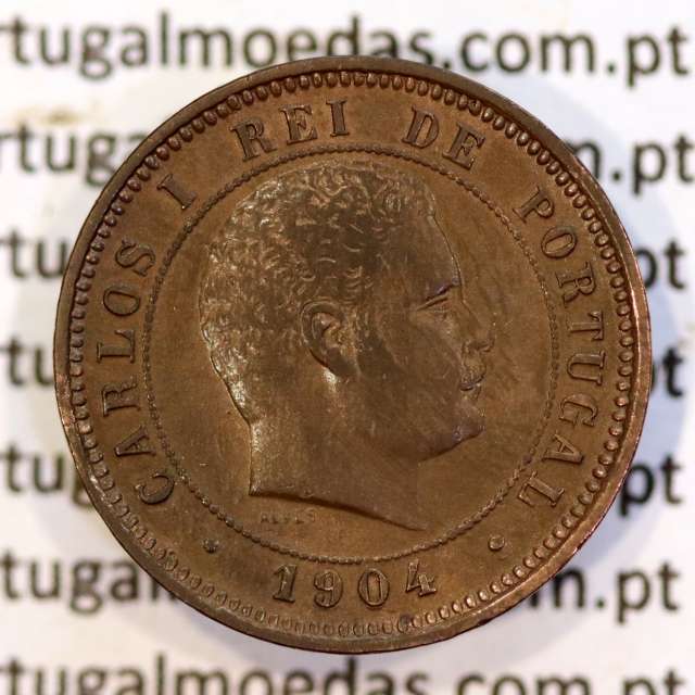 5 reis 1904 bronze D. Carlos I, variant with numbers "1+9+0" retouched in the coin matrix, World Coins Portugal KM 530