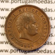 5 reis 1904 bronze D. Carlos I, variant with numbers "1+9+0" retouched in the coin matrix, World Coins Portugal KM 530