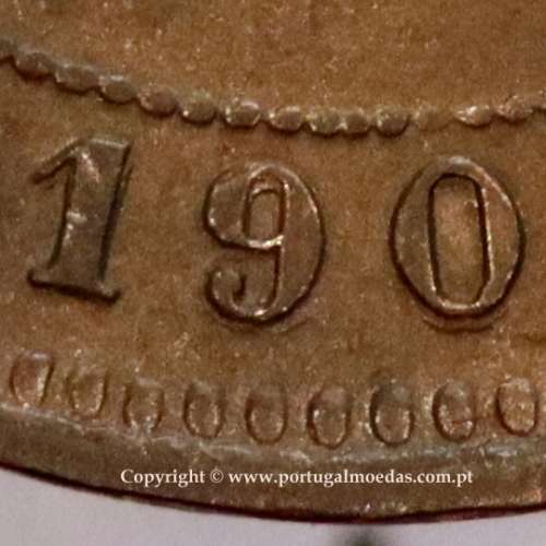 5 reis 1904 bronze D. Carlos I, variant with numbers "1+9+0" retouched in the coin matrix, World Coins Portugal KM 530