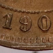 5 reis 1904 bronze D. Carlos I, variant with numbers "1+9+0" retouched in the coin matrix, World Coins Portugal KM 530