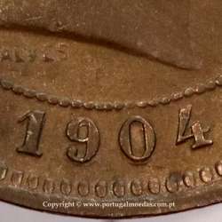 5 reis 1904 bronze D. Carlos I, variant with numbers "1+9+0" retouched in the coin matrix, World Coins Portugal KM 530