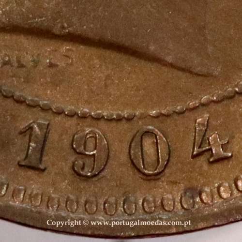5 reis 1904 bronze D. Carlos I, variant with numbers "1+9+0" retouched in the coin matrix, World Coins Portugal KM 530