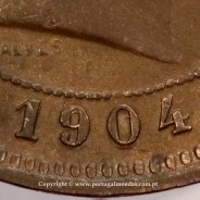 5 reis 1904 bronze D. Carlos I, variant with numbers "1+9+0" retouched in the coin matrix, World Coins Portugal KM 530