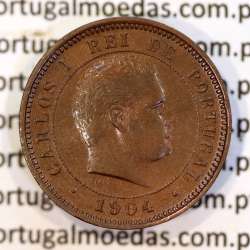 5 réis 1904 bronze D. Carlos I, variante esfera algarismo "9" retificada angulo  90º, (MBC+), World Coins Portugal KM 530