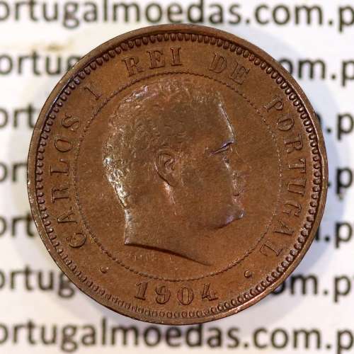 5 réis 1904 bronze D. Carlos I, variante esfera algarismo "9" retificada angulo  90º, (MBC+), World Coins Portugal KM 530