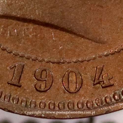 Portugal bronze coin of 5 reis 1904 of King Carlos I, variant sphere numeral "9" rectified angle 90º, World Coins KM 530