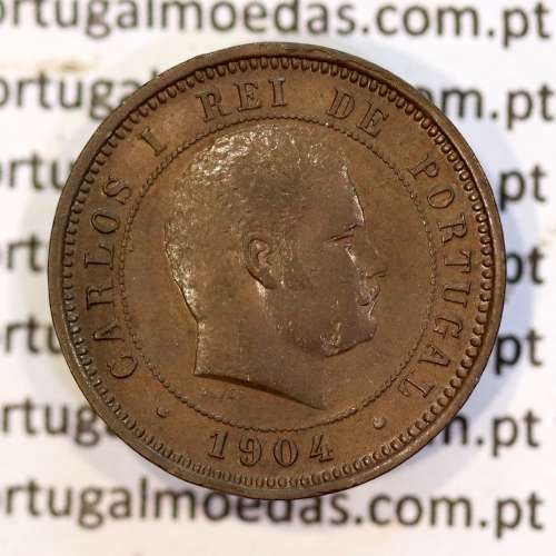 5 réis 1904 bronze D. Carlos I, variante com algarismos "1+9+0" retocados no cunho, (MBC+), World Coins Portugal KM 530