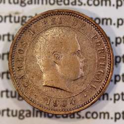 Portugal bronze coin of 5 reis 1904 of King Carlos I, variant sphere stem number "9" less rectified,  World Coins KM 530
