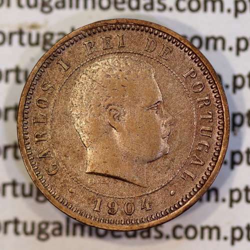 5 réis 1904 bronze D. Carlos I, variante esfera haste algarismo "9" menos retificada , (MBC), World Coins Portugal KM 530