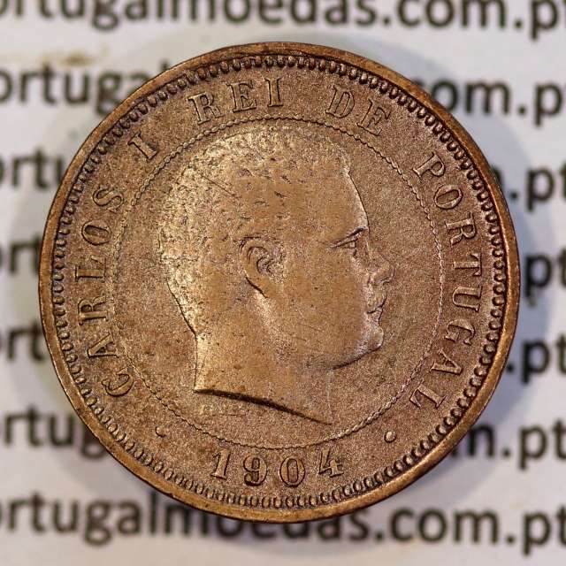 Portugal bronze coin of 5 reis 1904 of King Carlos I, variant sphere stem number "9" less rectified,  World Coins KM 530