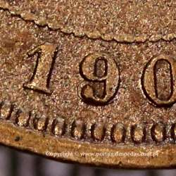 Portugal bronze coin of 5 reis 1904 of King Carlos I, variant sphere stem number "9" less rectified,  World Coins KM 530