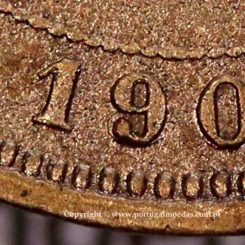 5 réis 1904 bronze D. Carlos I, variante esfera haste algarismo "9" menos retificada , (MBC), World Coins Portugal KM 530