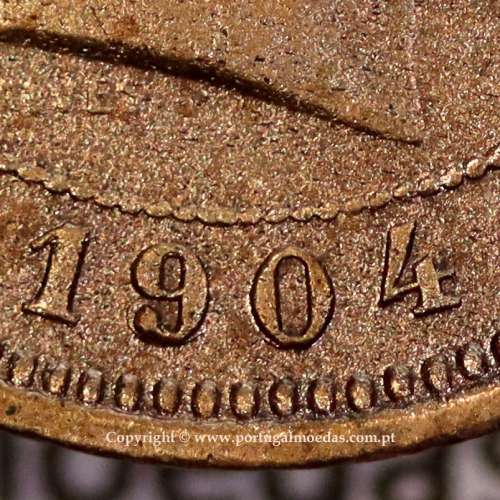 5 réis 1904 bronze D. Carlos I, variante esfera haste algarismo "9" menos retificada , (MBC), World Coins Portugal KM 530