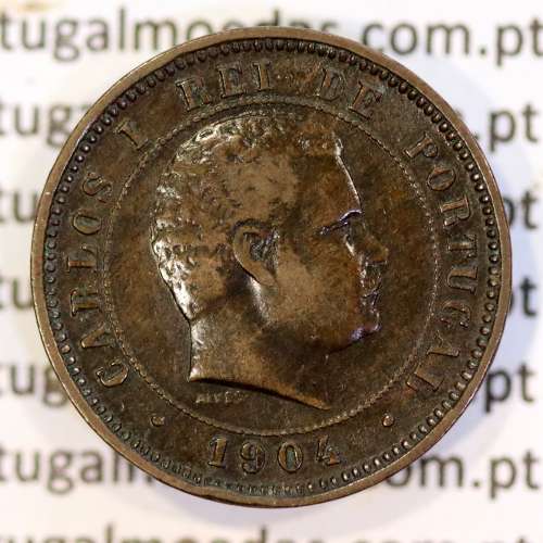 5 réis 1904 bronze D. Carlos I, variante esfera haste algarismo "9" menos retificada , (MBC), World Coins Portugal KM 530