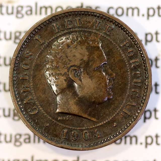 5 réis 1904 bronze D. Carlos I, variante esfera haste algarismo "9" menos retificada , (MBC), World Coins Portugal KM 530