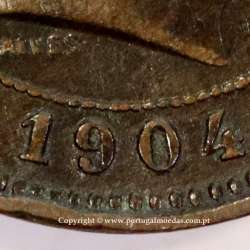 Portugal bronze coin of 5 reis 1904 of King Carlos I, variant sphere stem number "9" less rectified,  World Coins KM 530