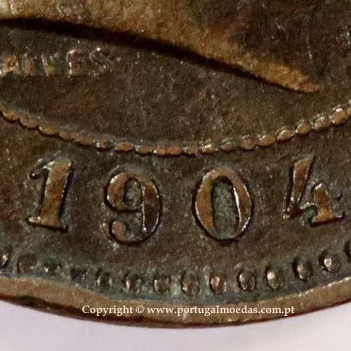 Portugal bronze coin of 5 reis 1904 of King Carlos I, variant sphere stem number "9" less rectified,  World Coins KM 530