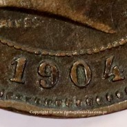 Portugal bronze coin of 5 reis 1904 of King Carlos I, variant sphere stem number "9" less rectified,  World Coins KM 530