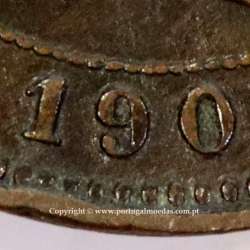 Portugal bronze coin of 5 reis 1904 of King Carlos I, variant sphere stem number "9" less rectified,  World Coins KM 530