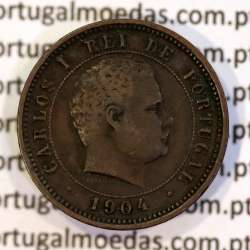 Portugal bronze coin of 5 reis 1904 of King Carlos I, variant sphere stem number "9" less rectified,  World Coins KM 530