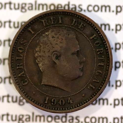 5 réis 1904 bronze D. Carlos I, variante esfera haste algarismo "9" menos retificada , (MBC), World Coins Portugal KM 530