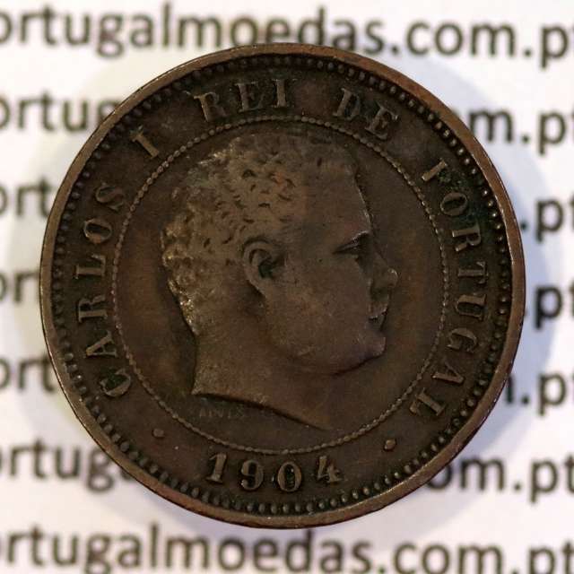 5 réis 1904 bronze D. Carlos I, variante esfera haste algarismo "9" menos retificada , (MBC), World Coins Portugal KM 530