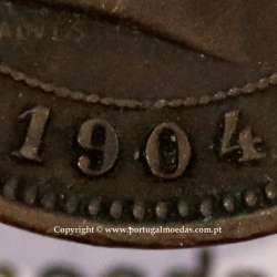 Portugal bronze coin of 5 reis 1904 of King Carlos I, variant sphere stem number "9" less rectified,  World Coins KM 530