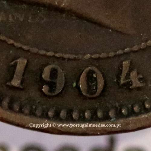 Portugal bronze coin of 5 reis 1904 of King Carlos I, variant sphere stem number "9" less rectified,  World Coins KM 530