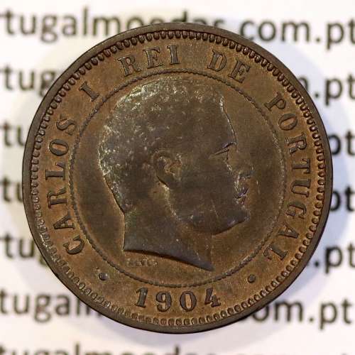 5 réis 1904 bronze D. Carlos I, variante com algarismos "1+9+0" retocados no cunho, (MBC+), World Coins Portugal KM 530