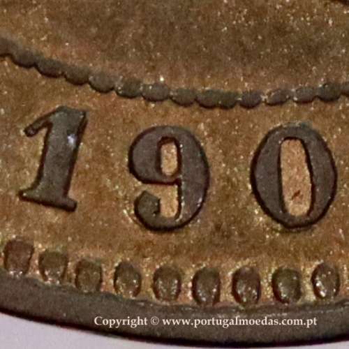 5 réis 1904 bronze D. Carlos I, variante com algarismos "1+9+0" retocados no cunho, (MBC+), World Coins Portugal KM 530