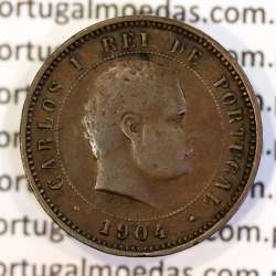 Portugal bronze coin of 5 reis 1904 of King Carlos I, variant sphere numeral "9" rectified angle 90º, World Coins KM 530