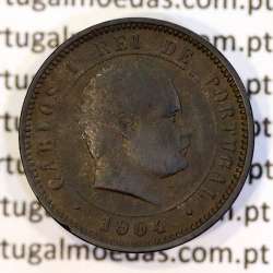 Portugal bronze coin of 5 reis 1904 of King Carlos I, variant sphere numeral "9" rectified angle 90º, World Coins KM 530