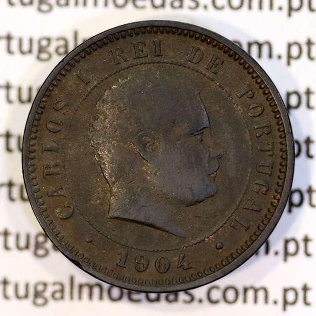 Portugal bronze coin of 5 reis 1904 of King Carlos I, variant sphere numeral "9" rectified angle 90º, World Coins KM 530
