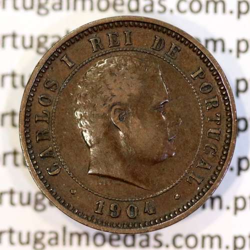 5 réis 1904 bronze D. Carlos I, variante esfera haste algarismo "9" menos retificada , (MBC+), World Coins Portugal KM 530