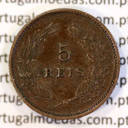 5 réis 1904 bronze D. Carlos I, variante esfera haste algarismo "9" menos retificada , (MBC+), World Coins Portugal KM 530