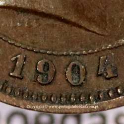 5 réis 1904 bronze D. Carlos I, variante esfera haste algarismo "9" menos retificada , (MBC+), World Coins Portugal KM 530
