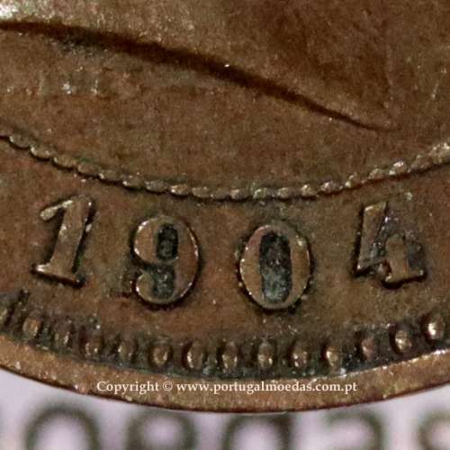 5 réis 1904 bronze D. Carlos I, variante esfera haste algarismo "9" menos retificada , (MBC+), World Coins Portugal KM 530