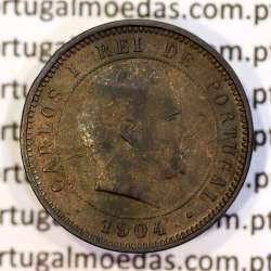 5 réis 1904 bronze D. Carlos I, variante esfera algarismo "9" retificada angulo  90º, (BC+), World Coins Portugal KM 530