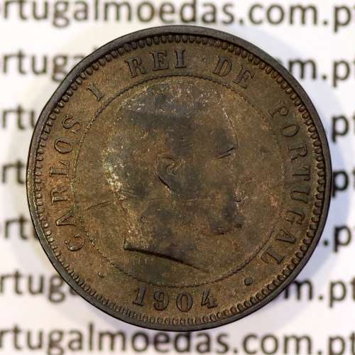 5 réis 1904 bronze D. Carlos I, variante esfera algarismo "9" retificada angulo  90º, (BC+), World Coins Portugal KM 530