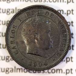 Portugal bronze coin of 5 reis 1904 of King Carlos I, variant sphere numeral "9" rectified angle 90º, World Coins KM 530