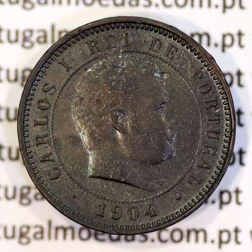 5 réis 1904 bronze D. Carlos I, variante esfera algarismo "9" retificada angulo  90º, (MBC), World Coins Portugal KM 530