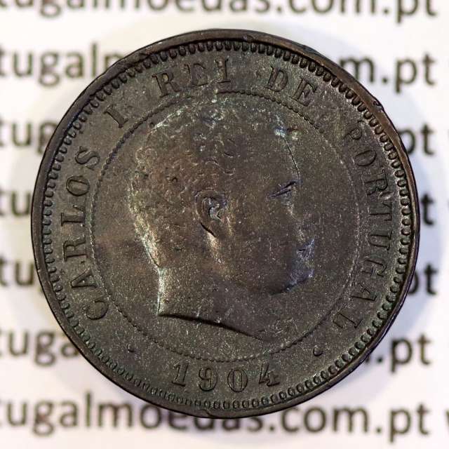Portugal bronze coin of 5 reis 1904 of King Carlos I, variant sphere numeral "9" rectified angle 90º, World Coins KM 530