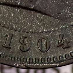 Portugal bronze coin of 5 reis 1904 of King Carlos I, variant sphere numeral "9" rectified angle 90º, World Coins KM 530