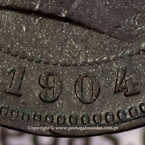 5 réis 1904 bronze D. Carlos I, variante esfera algarismo "9" retificada angulo  90º, (MBC), World Coins Portugal KM 530
