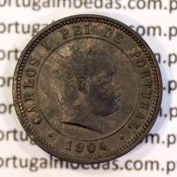 Portugal bronze coin of 5 reis 1904 of King Carlos I, variant sphere stem number "9" less rectified,  World Coins KM 530