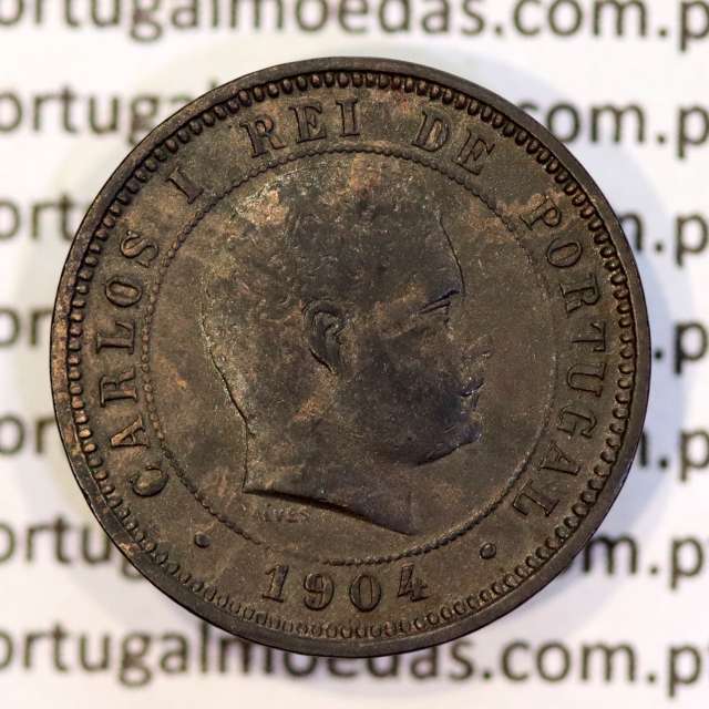 Portugal bronze coin of 5 reis 1904 of King Carlos I, variant sphere stem number "9" less rectified,  World Coins KM 530