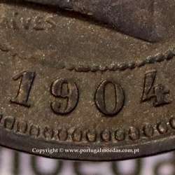 Portugal bronze coin of 5 reis 1904 of King Carlos I, variant sphere stem number "9" less rectified,  World Coins KM 530