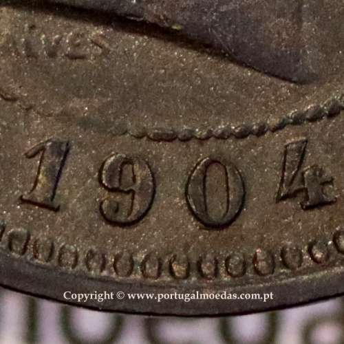 Portugal bronze coin of 5 reis 1904 of King Carlos I, variant sphere stem number "9" less rectified,  World Coins KM 530